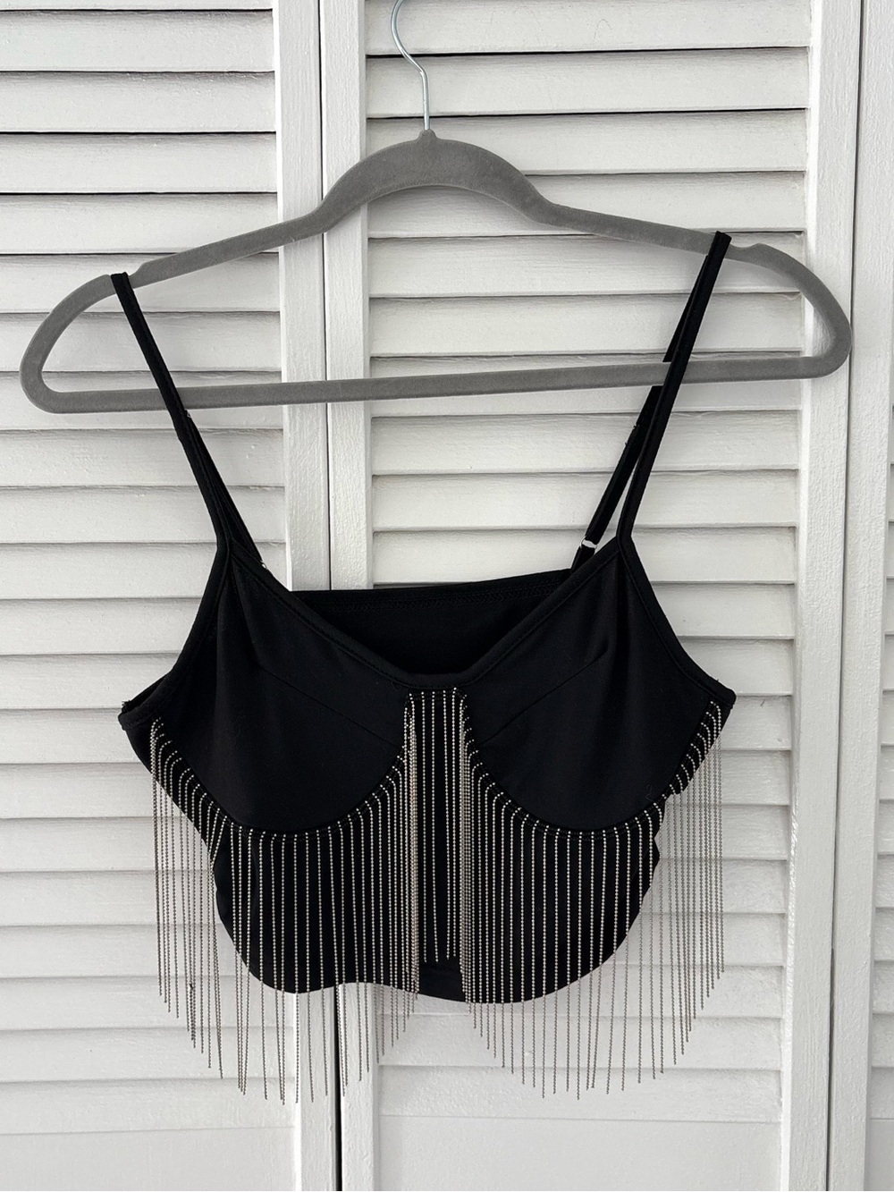 SHEIN Black Fringed Chain-Trim Black Cami Tank